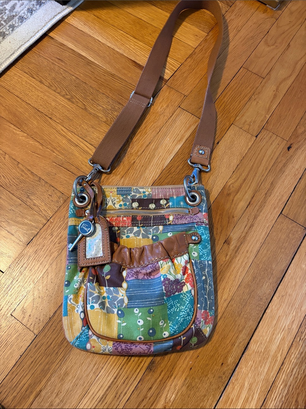 Patchwork Crossbody Bag with Brown Strap